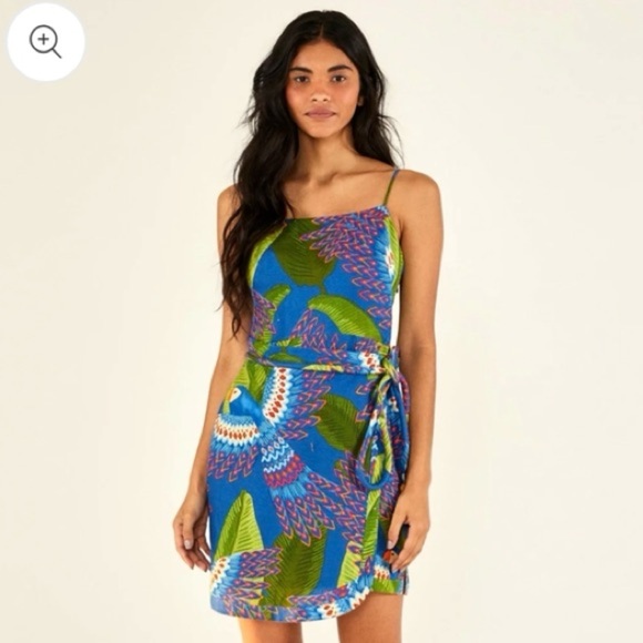 FARM RIO Blue Macaw Print Linen Mini Wrap Dress Tropical Vacation - Picture 4 of 10